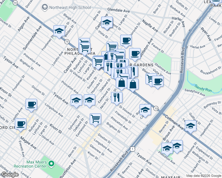 map of restaurants, bars, coffee shops, grocery stores, and more near 7237 Eastwood Street in Philadelphia