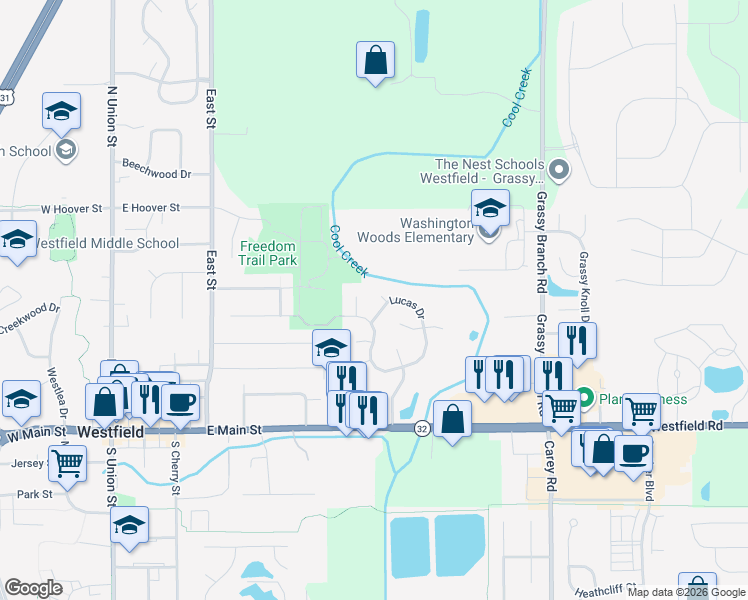 map of restaurants, bars, coffee shops, grocery stores, and more near 17910 Lucas Circle in Westfield