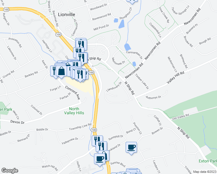 map of restaurants, bars, coffee shops, grocery stores, and more near 117 Llandovery Drive in Exton