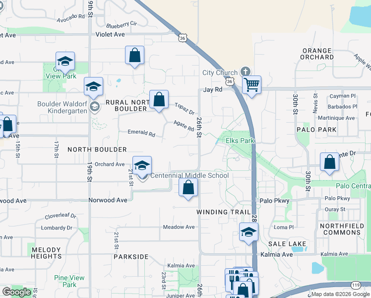 map of restaurants, bars, coffee shops, grocery stores, and more near 2537 Pampas Court in Boulder