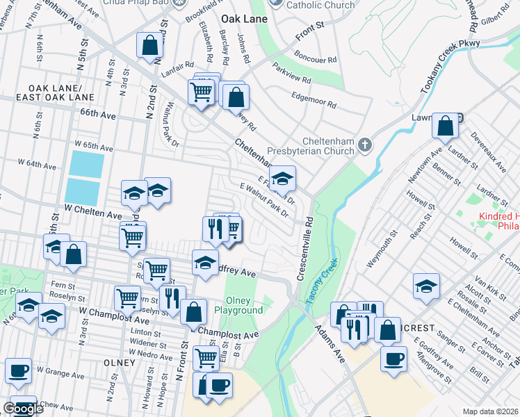 map of restaurants, bars, coffee shops, grocery stores, and more near 219 East Claremont Road in Philadelphia