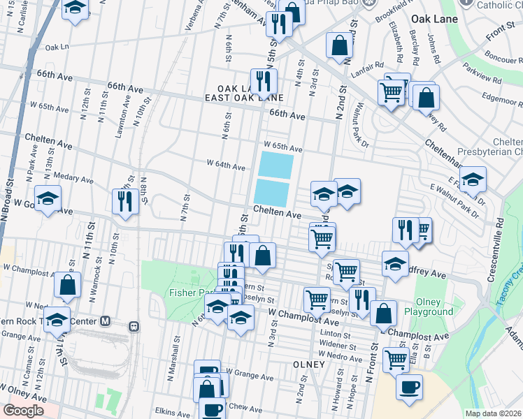map of restaurants, bars, coffee shops, grocery stores, and more near 6266 North Lawrence Street in Philadelphia
