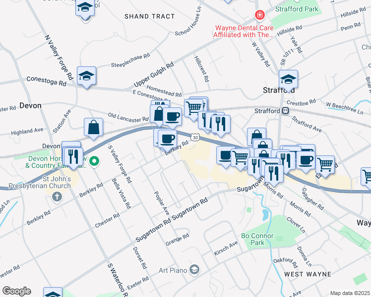 map of restaurants, bars, coffee shops, grocery stores, and more near 14 Berkley Road in Devon