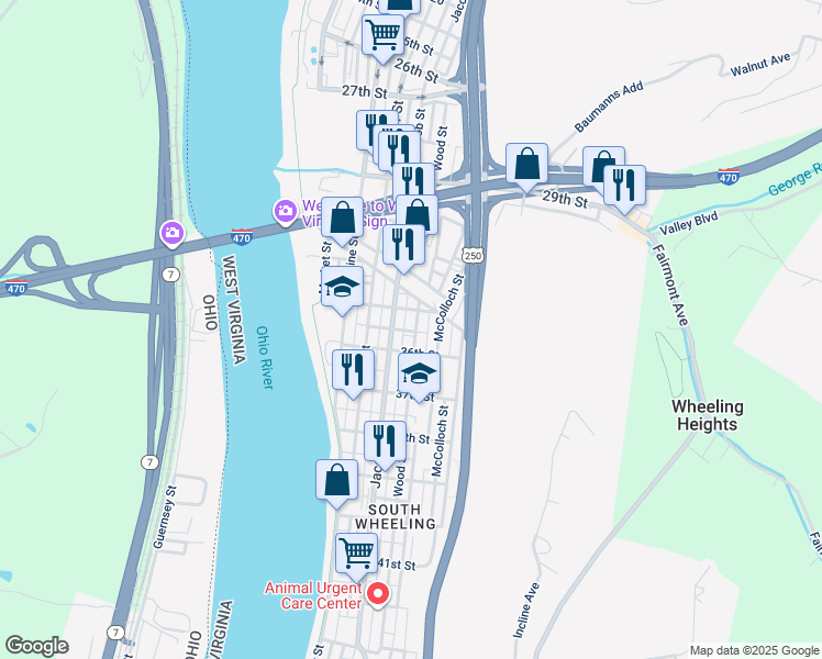 map of restaurants, bars, coffee shops, grocery stores, and more near 3521 Wood St in Wheeling