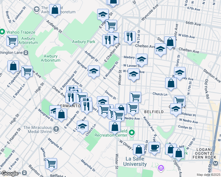 map of restaurants, bars, coffee shops, grocery stores, and more near 5530 Devon Street in Philadelphia