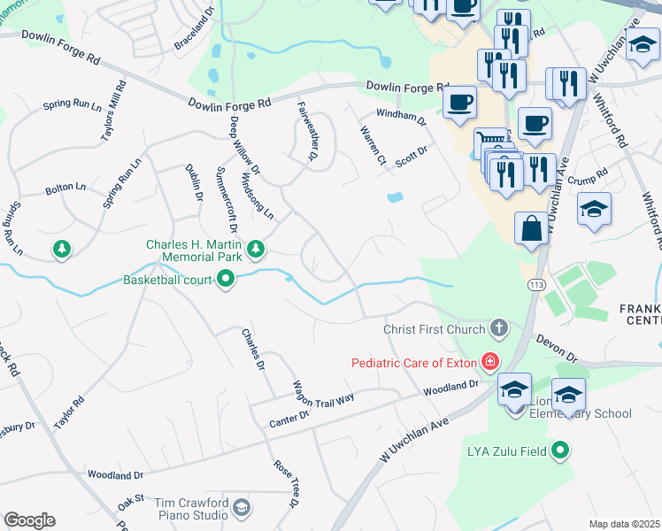 map of restaurants, bars, coffee shops, grocery stores, and more near 403 Deep Willow Dr in Exton