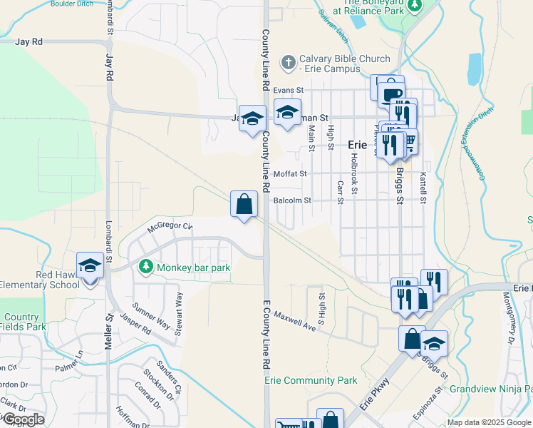 map of restaurants, bars, coffee shops, grocery stores, and more near 4137 East County Line Road in Erie