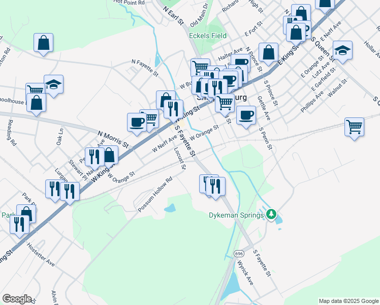 map of restaurants, bars, coffee shops, grocery stores, and more near 118 South Fayette Street in Shippensburg