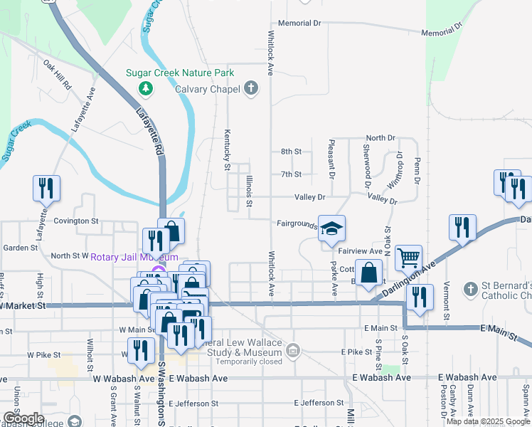 map of restaurants, bars, coffee shops, grocery stores, and more near 503 Whitlock Avenue in Crawfordsville