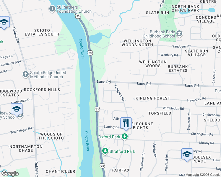 map of restaurants, bars, coffee shops, grocery stores, and more near 2798 Brackley Road in Upper Arlington