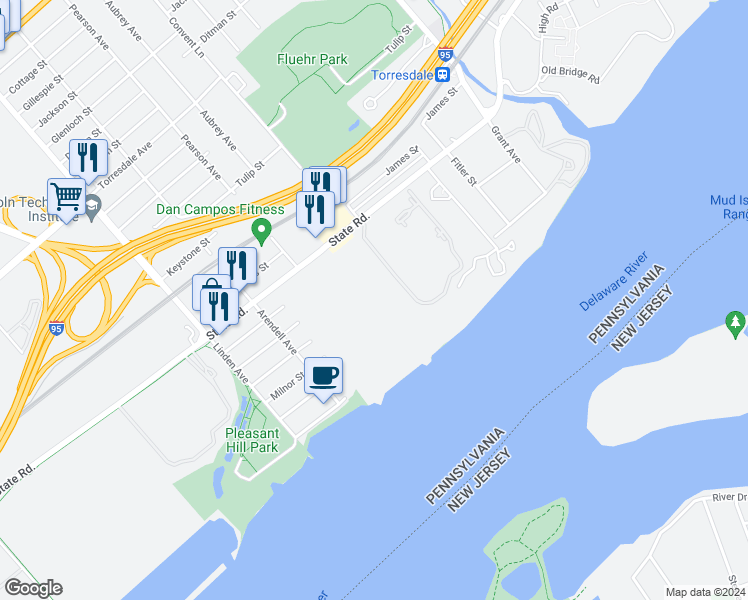 map of restaurants, bars, coffee shops, grocery stores, and more near 73398 Delaire Landing Road in Philadelphia