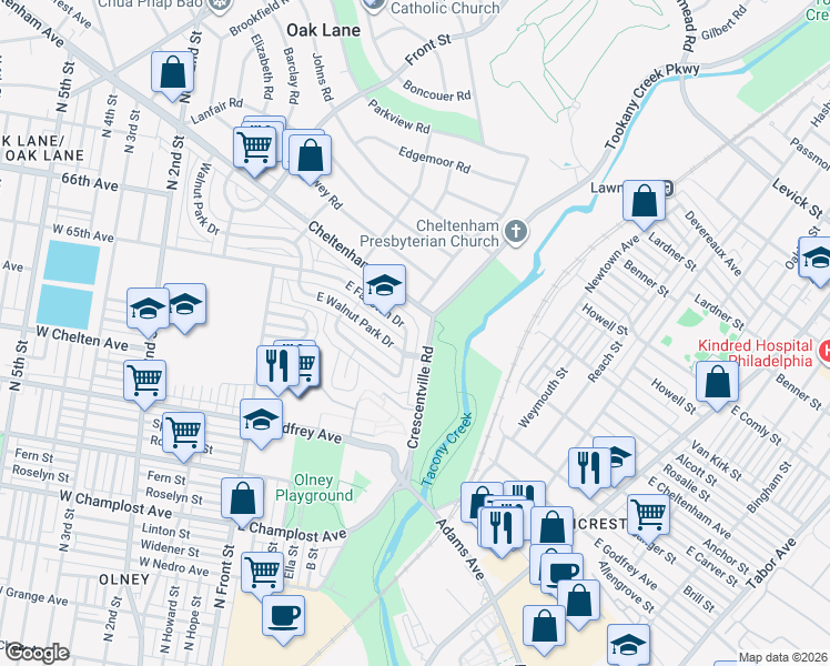 map of restaurants, bars, coffee shops, grocery stores, and more near 6522 Crescentville Road in Philadelphia