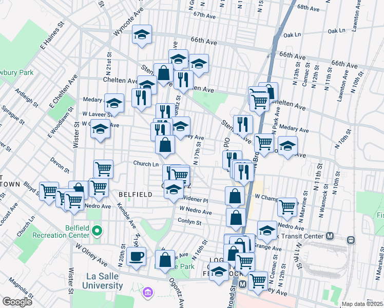 map of restaurants, bars, coffee shops, grocery stores, and more near 6130 North 17th Street in Philadelphia