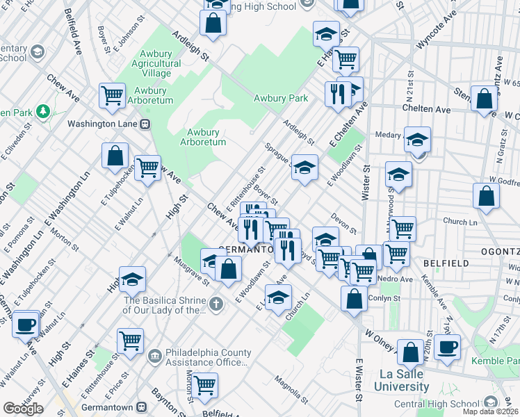 map of restaurants, bars, coffee shops, grocery stores, and more near 842 East Price Street in Philadelphia