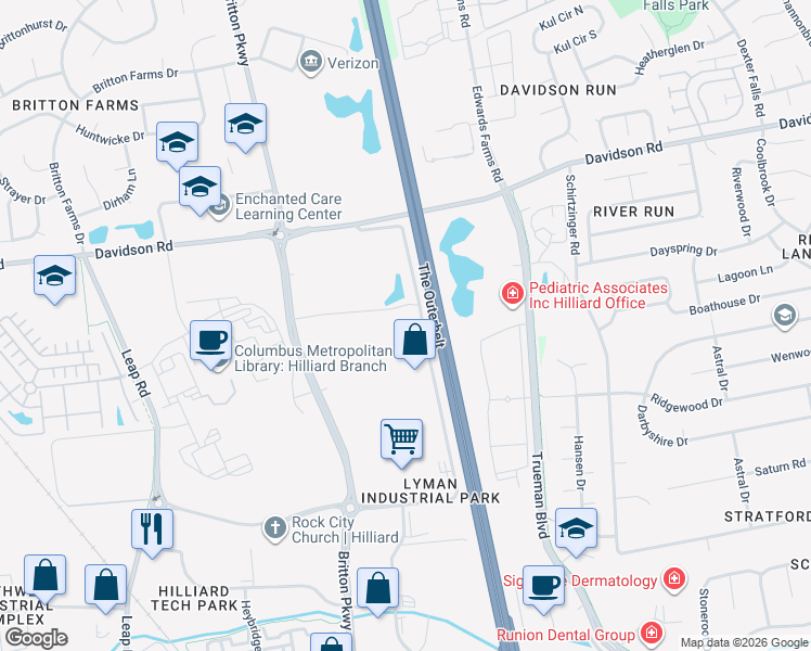 map of restaurants, bars, coffee shops, grocery stores, and more near 4621 Lyman Drive in Hilliard