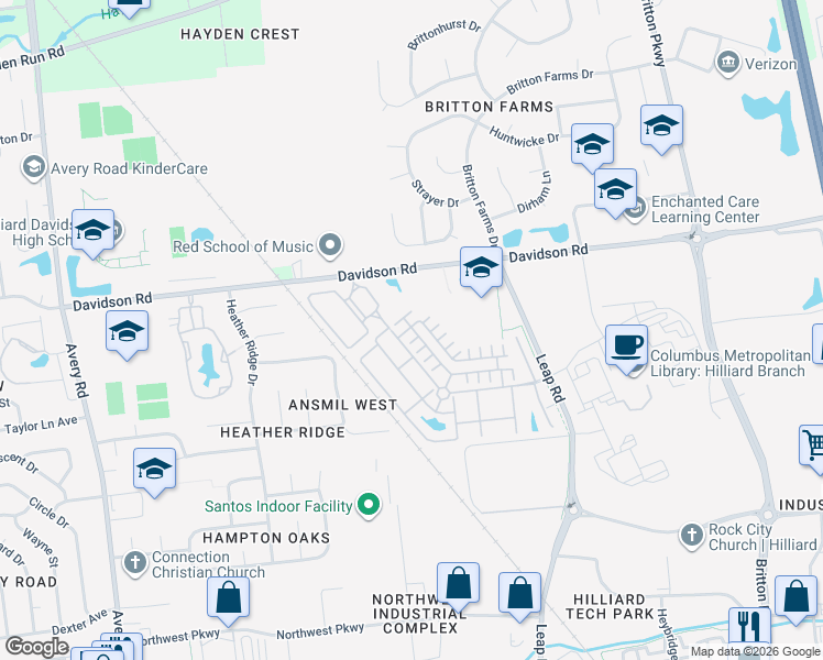 map of restaurants, bars, coffee shops, grocery stores, and more near 4684 Prestige Lane in Hilliard