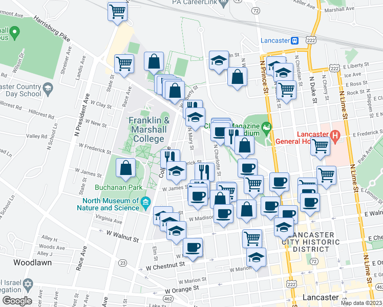 map of restaurants, bars, coffee shops, grocery stores, and more near 622 North Mary Street in Lancaster