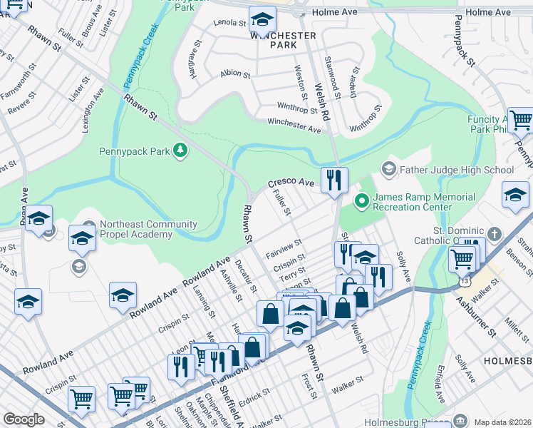 map of restaurants, bars, coffee shops, grocery stores, and more near 8040 Rowland Avenue in Philadelphia