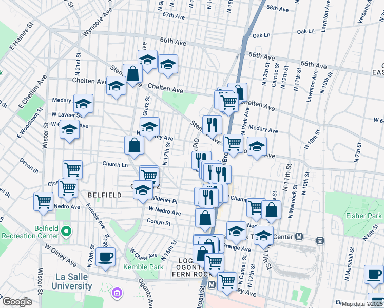 map of restaurants, bars, coffee shops, grocery stores, and more near 6134 Old York Road in Philadelphia