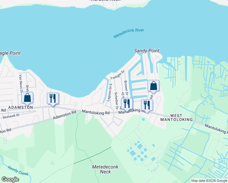 map of restaurants, bars, coffee shops, grocery stores, and more near 13 Scheiber Drive in Brick Township