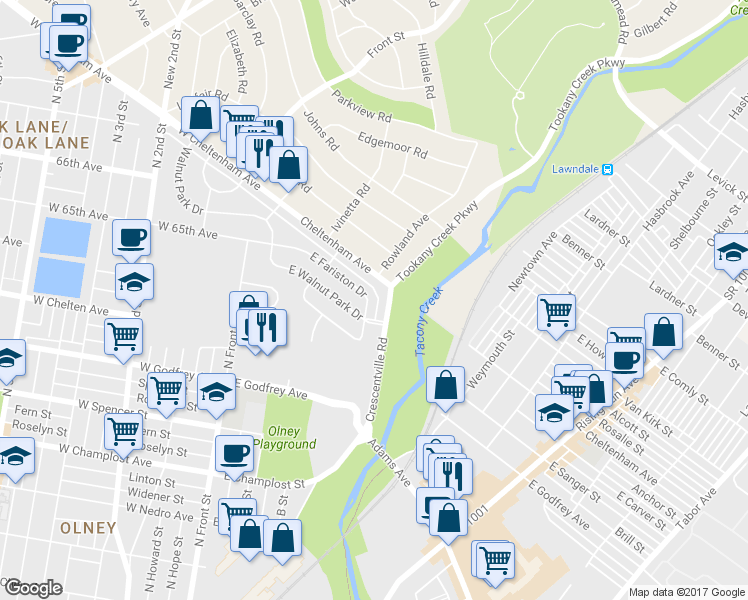 map of restaurants, bars, coffee shops, grocery stores, and more near 239 East Fariston Drive in Philadelphia