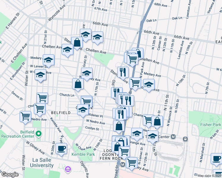 map of restaurants, bars, coffee shops, grocery stores, and more near 6134 Old York Road in Philadelphia