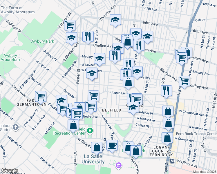 map of restaurants, bars, coffee shops, grocery stores, and more near 1982 West Spencer Avenue in Philadelphia