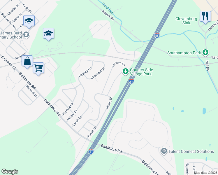 map of restaurants, bars, coffee shops, grocery stores, and more near 97 Lantern Lane in Shippensburg