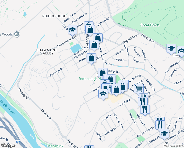 map of restaurants, bars, coffee shops, grocery stores, and more near 7354 Ridge Avenue in Philadelphia