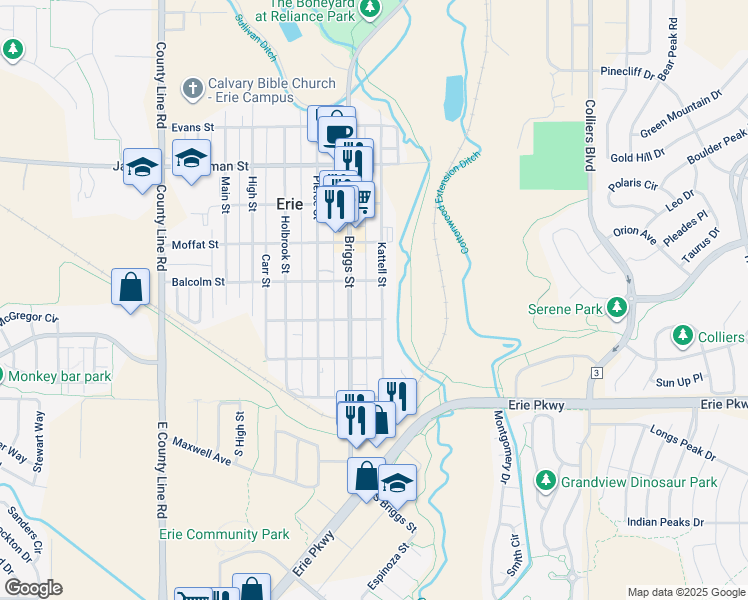 map of restaurants, bars, coffee shops, grocery stores, and more near 330 Kattell Street in Erie
