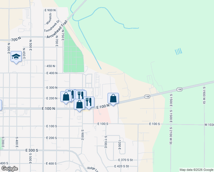 map of restaurants, bars, coffee shops, grocery stores, and more near 1112 E 330 North in Payson