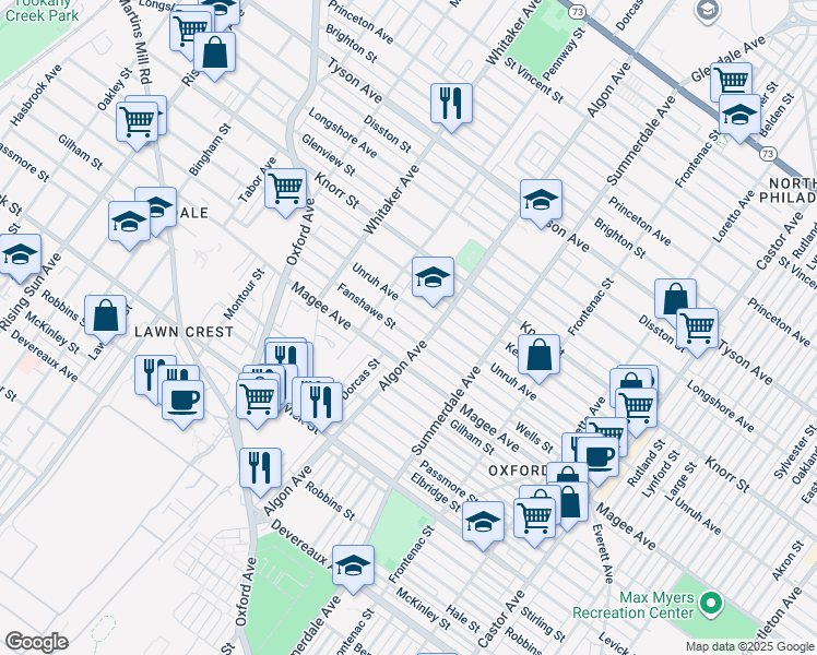 map of restaurants, bars, coffee shops, grocery stores, and more near 1029 Fanshawe Street in Philadelphia
