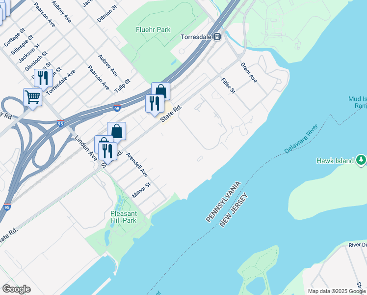map of restaurants, bars, coffee shops, grocery stores, and more near 21642 Delaire Landing Road in Philadelphia