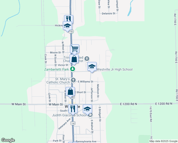 map of restaurants, bars, coffee shops, grocery stores, and more near 412 Moses Avenue in Westville