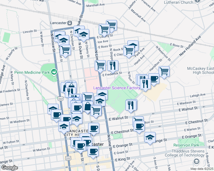 map of restaurants, bars, coffee shops, grocery stores, and more near 231 Park Avenue in Lancaster