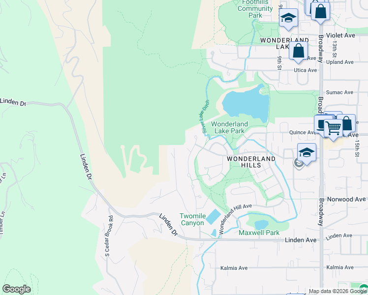 map of restaurants, bars, coffee shops, grocery stores, and more near 3941 Promontory Court in Boulder