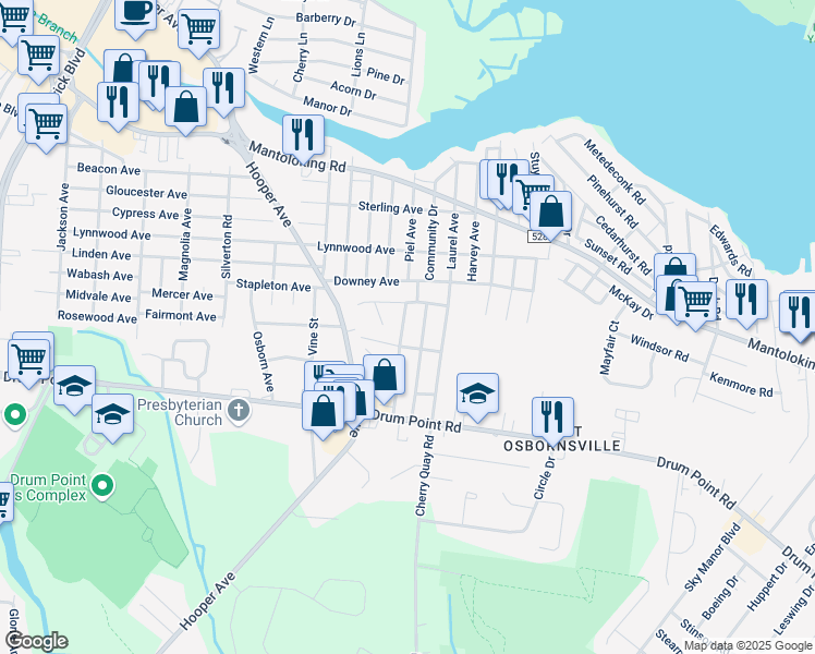 map of restaurants, bars, coffee shops, grocery stores, and more near 442 South Community Drive in Brick Township