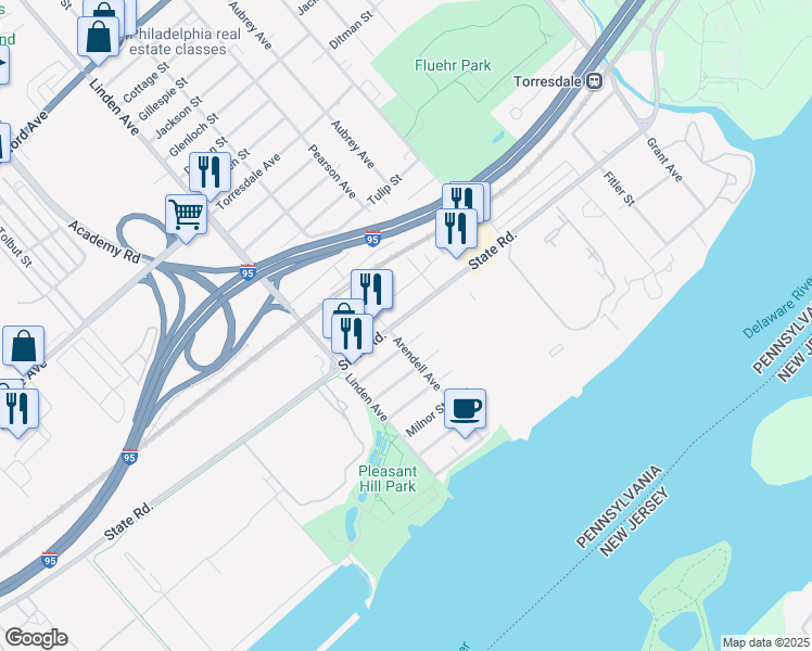 map of restaurants, bars, coffee shops, grocery stores, and more near 9303 State Road in Philadelphia