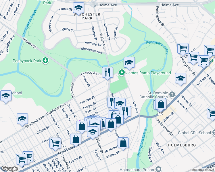 map of restaurants, bars, coffee shops, grocery stores, and more near 3326 Welsh Road in Philadelphia