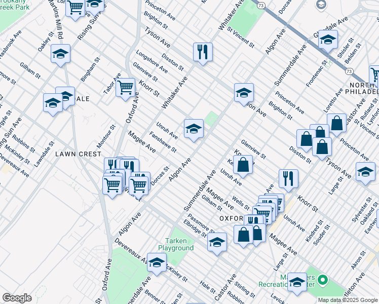 map of restaurants, bars, coffee shops, grocery stores, and more near 1100 Unruh Avenue in Philadelphia