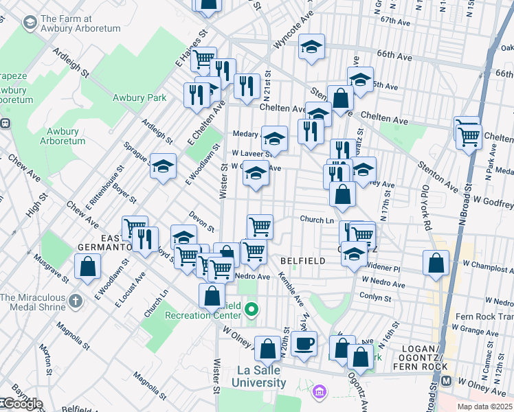 map of restaurants, bars, coffee shops, grocery stores, and more near 6056 North 21st Street in Philadelphia