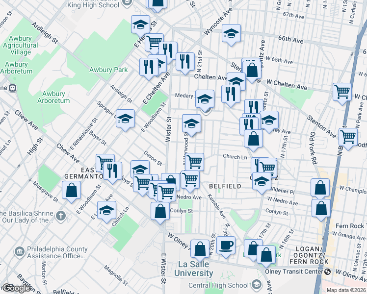 map of restaurants, bars, coffee shops, grocery stores, and more near 6052 North 21st Street in Philadelphia