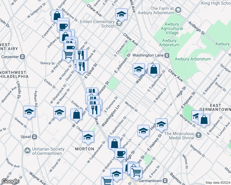 map of restaurants, bars, coffee shops, grocery stores, and more near 6329 Morton Street in Philadelphia