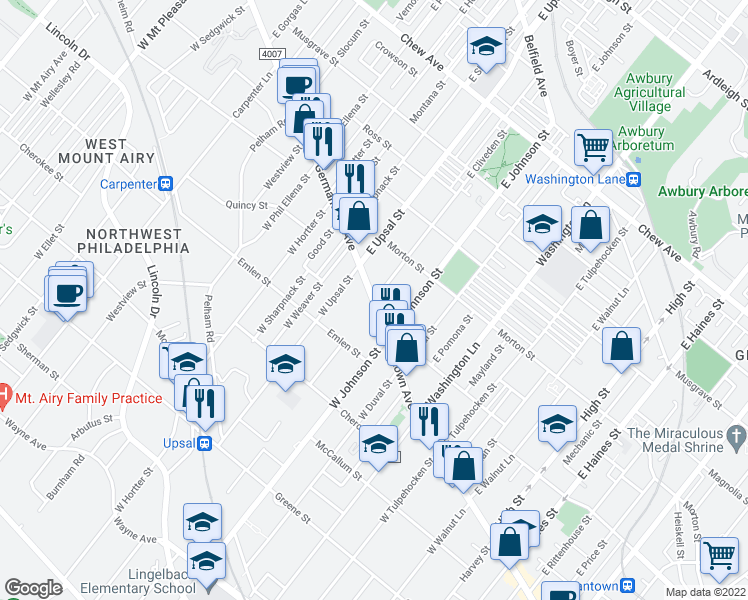 map of restaurants, bars, coffee shops, grocery stores, and more near Germantown Avenue & East Cliveden Street in Philadelphia