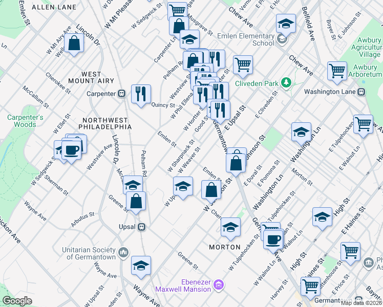 map of restaurants, bars, coffee shops, grocery stores, and more near 117 West Weaver Street in Philadelphia