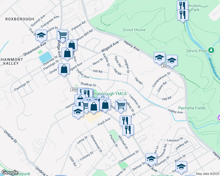 map of restaurants, bars, coffee shops, grocery stores, and more near 543 Domino Lane in Philadelphia