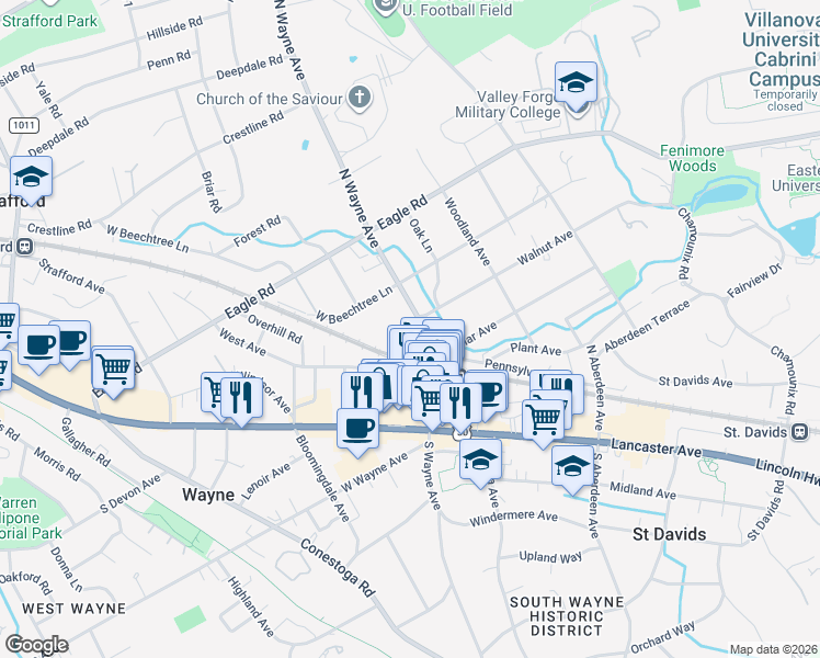 map of restaurants, bars, coffee shops, grocery stores, and more near 210 North Wayne Avenue in Wayne