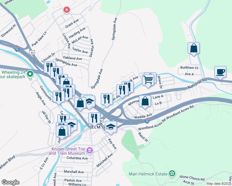 map of restaurants, bars, coffee shops, grocery stores, and more near Ln A in Wheeling
