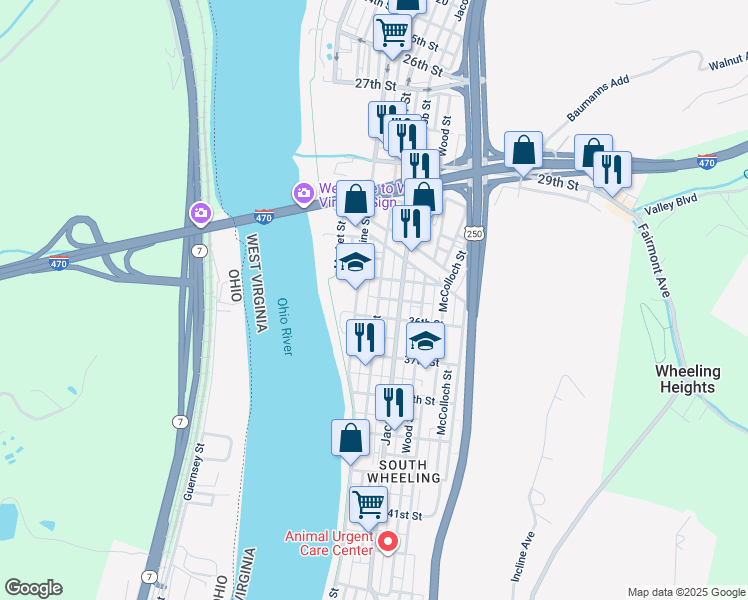 map of restaurants, bars, coffee shops, grocery stores, and more near 3530 Eoff Street in Wheeling