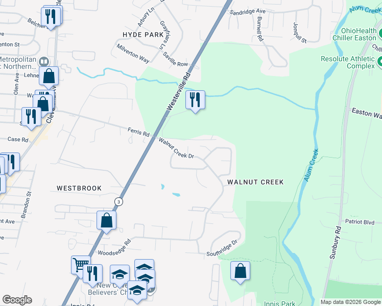 map of restaurants, bars, coffee shops, grocery stores, and more near 3781 Red Oak Lane in Columbus